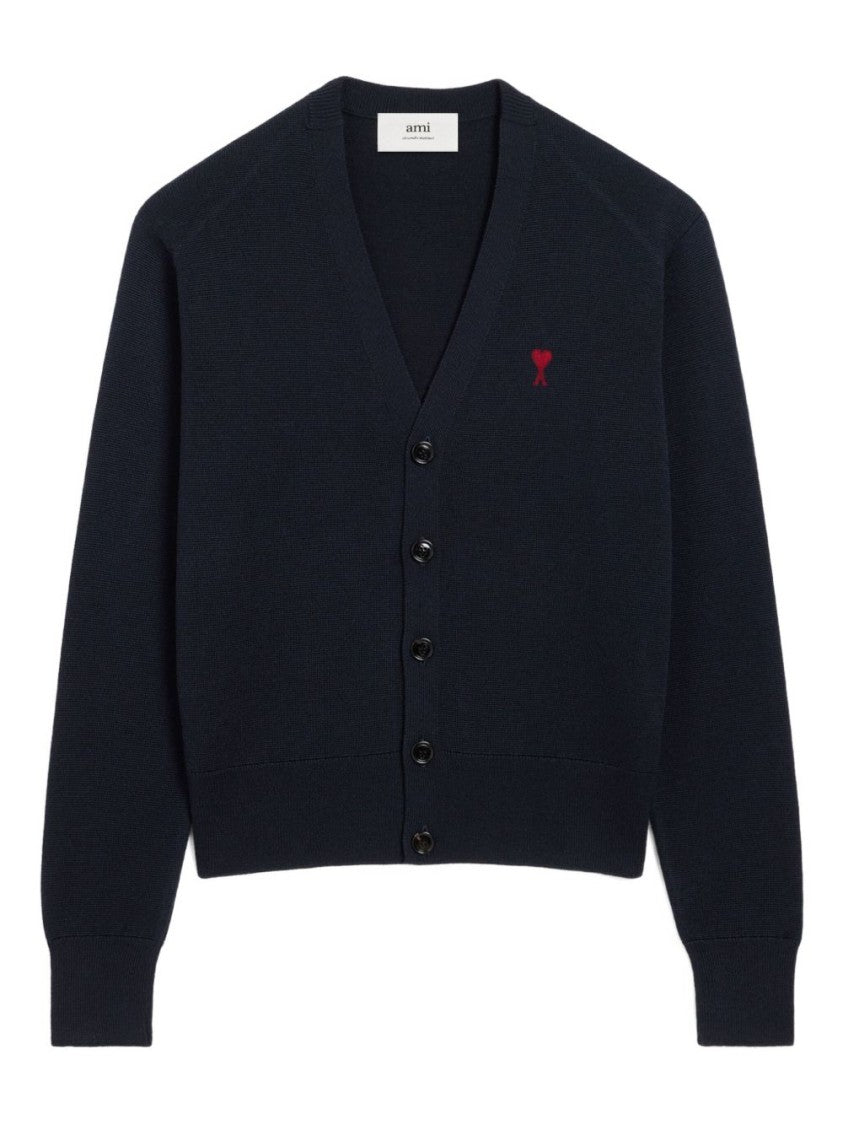 Ami Paris Button-Up Cardigan Sweater With V-Neck And Heart Emblem