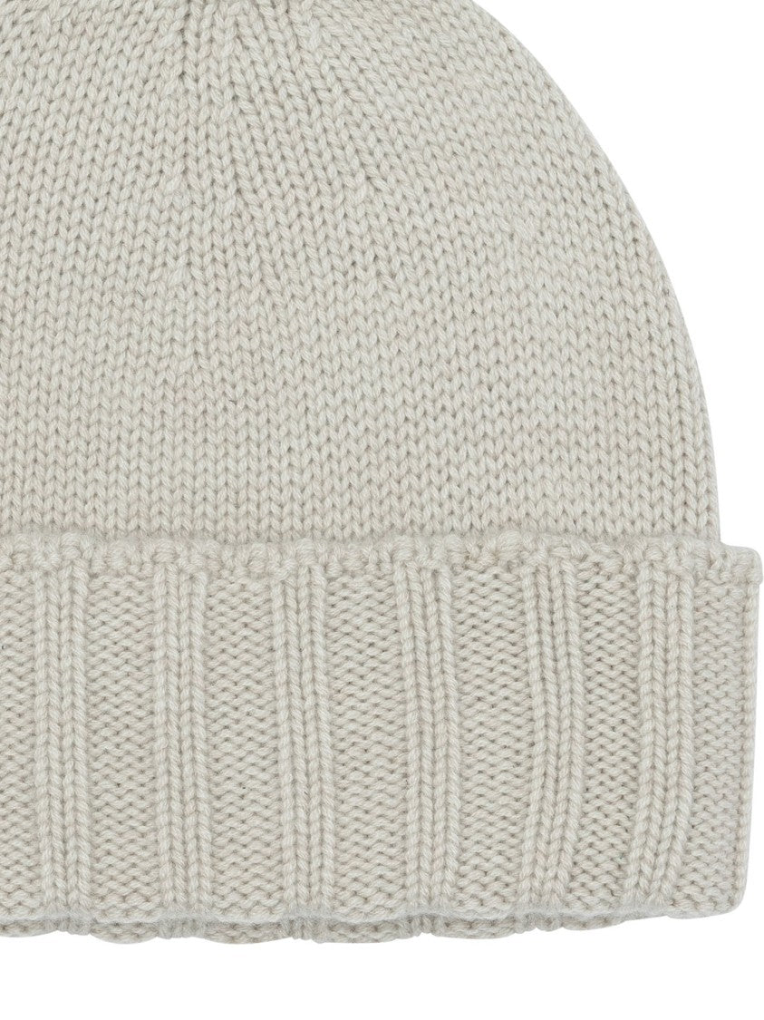 Drumohr Finely Knitted Beige Cashmere Hat With Ribbed Fold-Over Brim