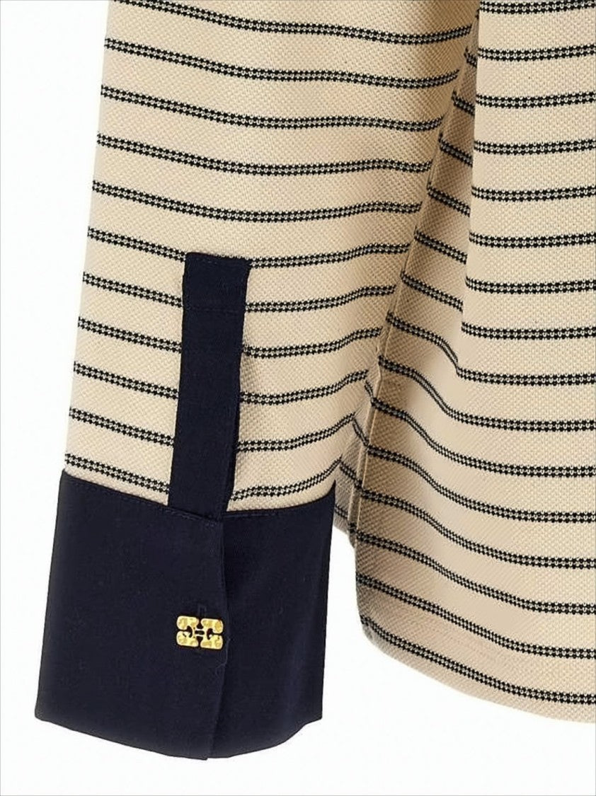 Ganni Boxy Striped Long-Sleeved Top With Gold-Tone Accents