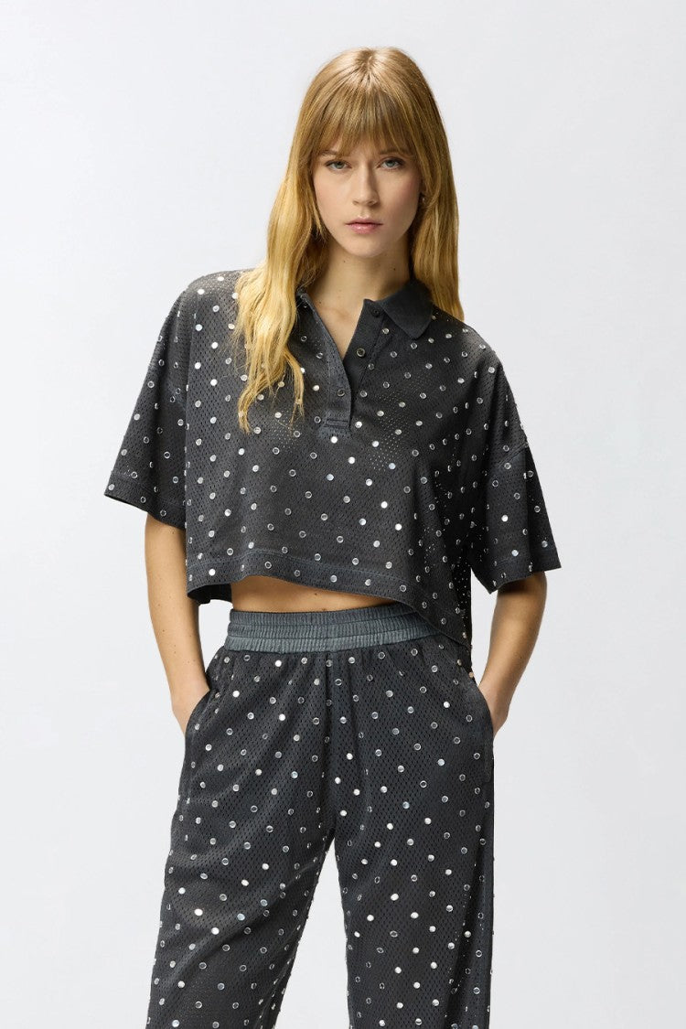 Pinko Black Polyester Sequin-Dot Cropped Polo