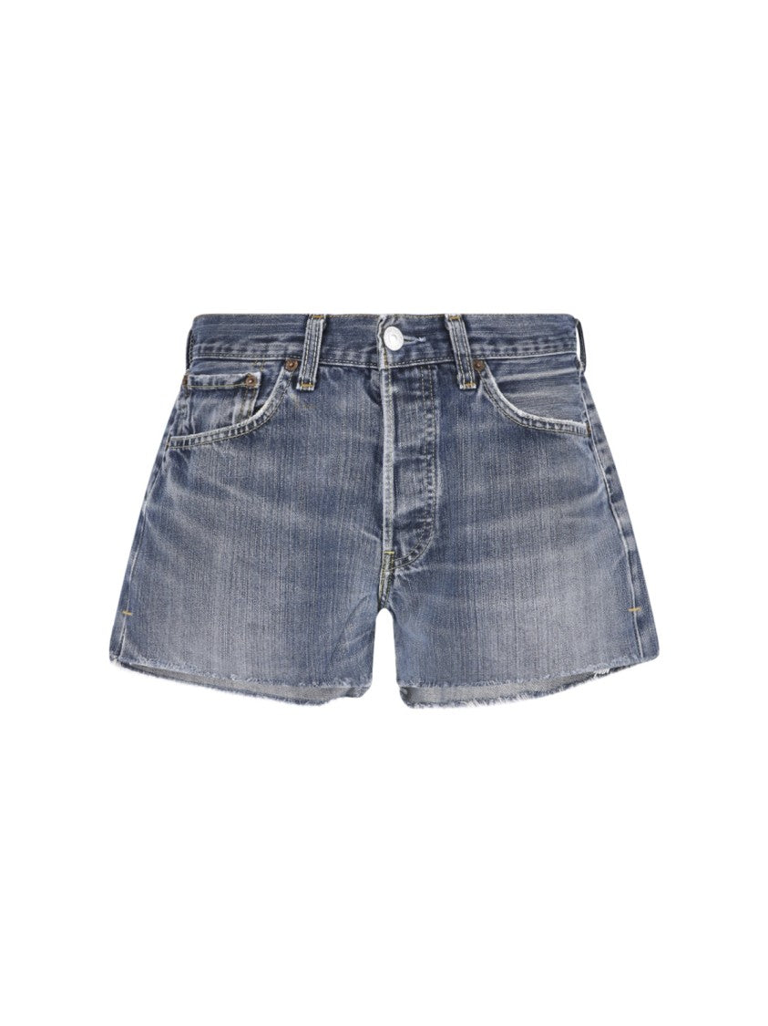 Re/Done Blue Mid-Rise Distressed Frayed Denim Shorts