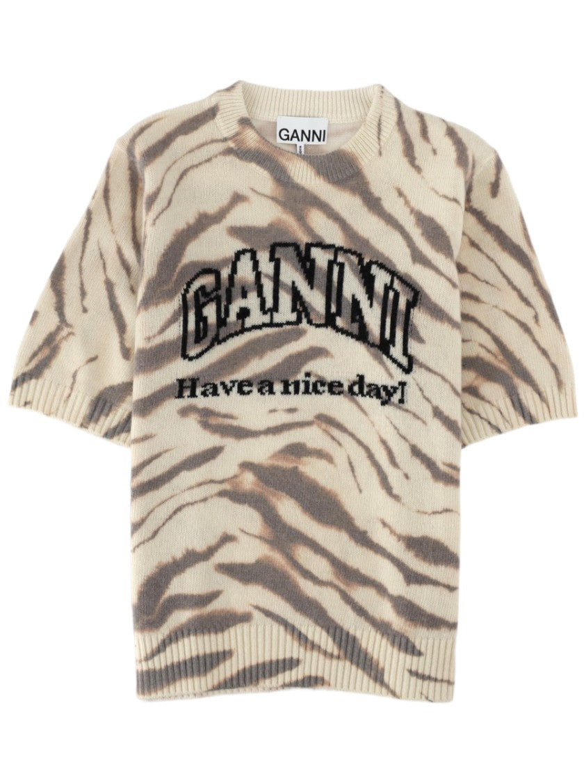 Ganni Slim Fit Knit Top With Abstract Animal Stripe Design