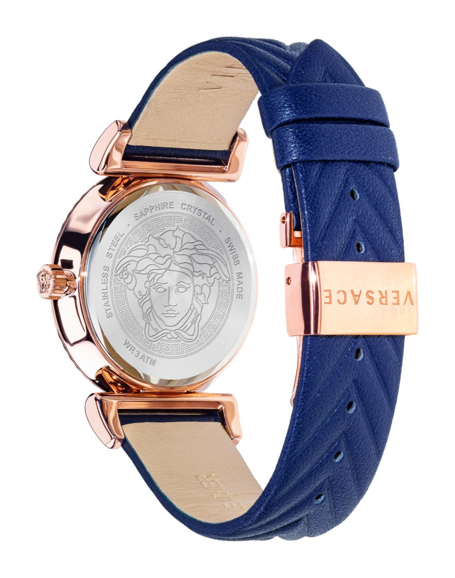 Versace 35Mm Rose-Gold Tone Versace V-Motif Watch With Blue Dial