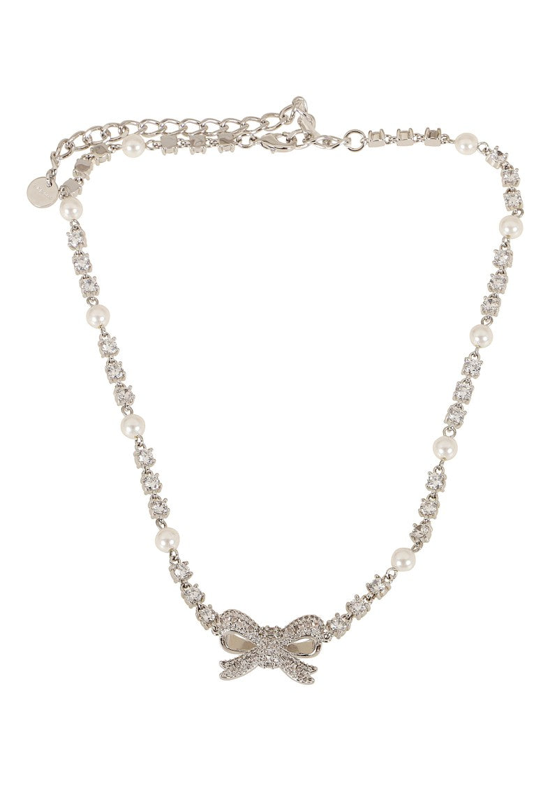Self-Portrait Silver Three-Dimensional Crystal Pearl Bow Choker