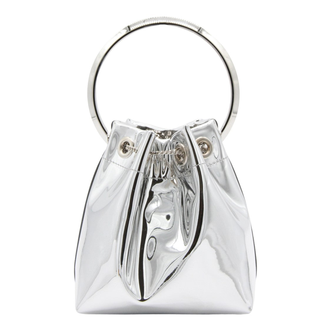 Jimmy Choo Reflective Silver Bucket Bag With Circular Handle