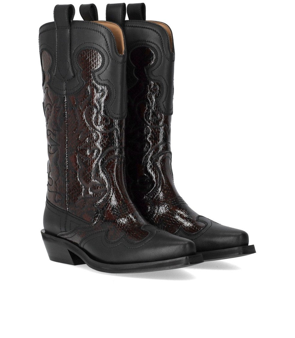 Ganni Black Reptile Effect Texan Boot