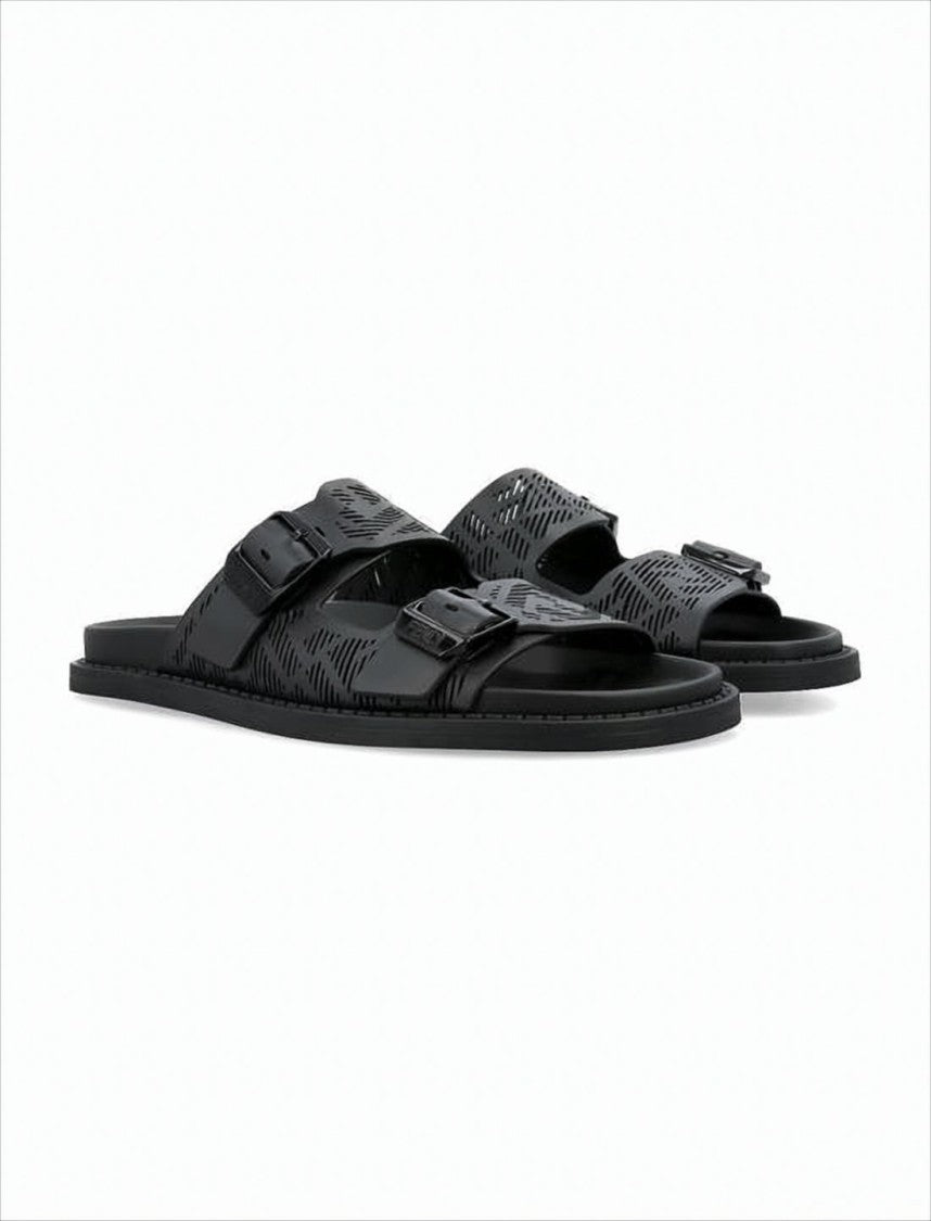 Fendi Perforated Black Leather Slide Sandals With Adjustable Straps