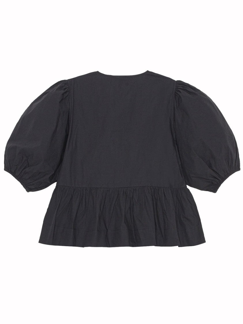 Ganni Black Puff Sleeves Bow Front Poplin Blouse