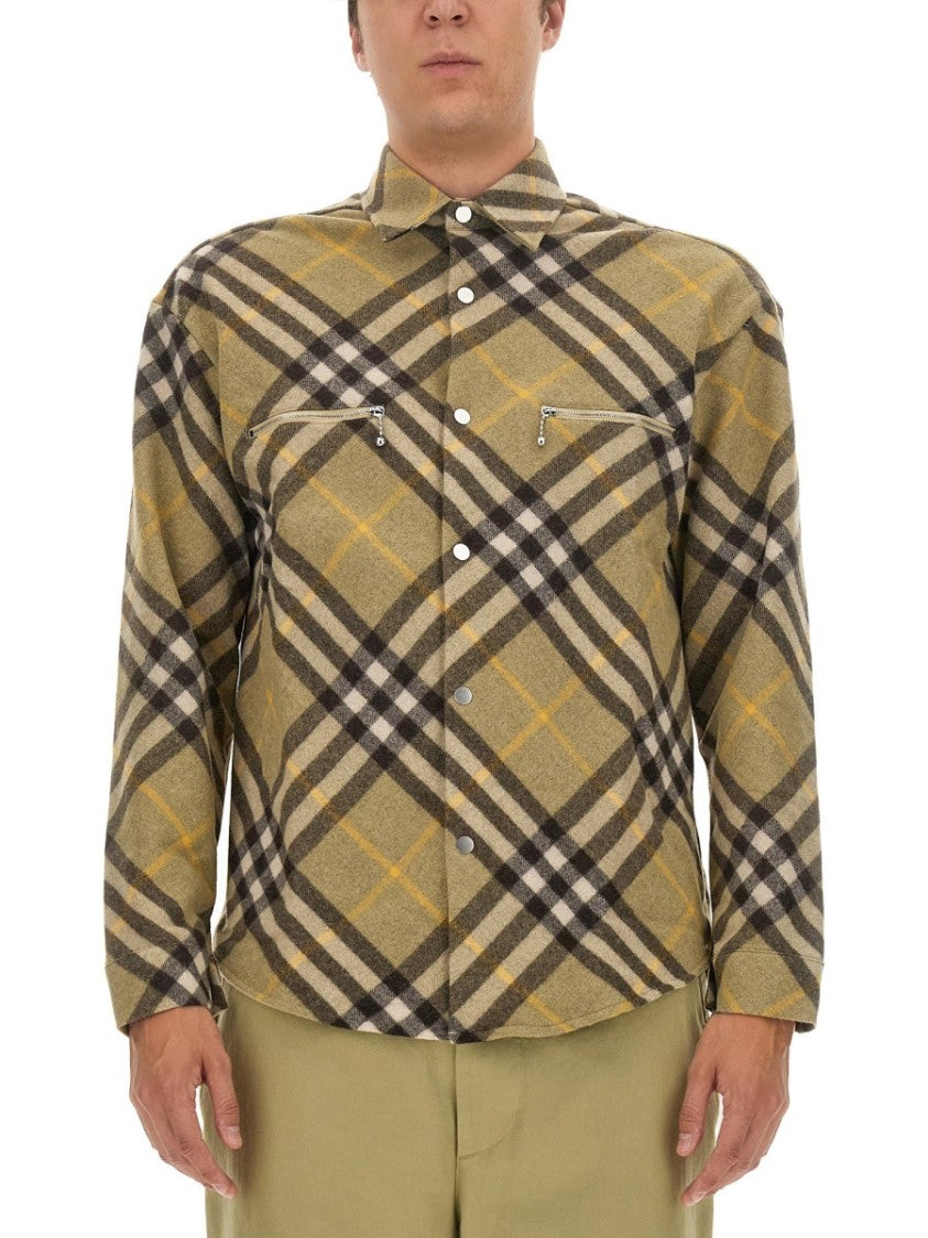 Burberry Plaid Wool Shirt With Zippered Chest Pockets