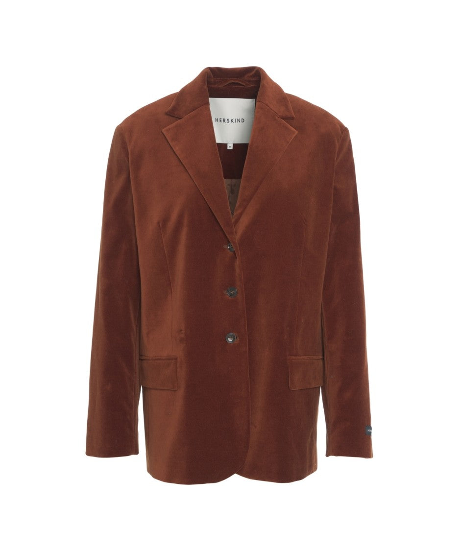 Herskind Oversized Brown Velvet Blazer With Classic Notch Lapel And Flap Pockets