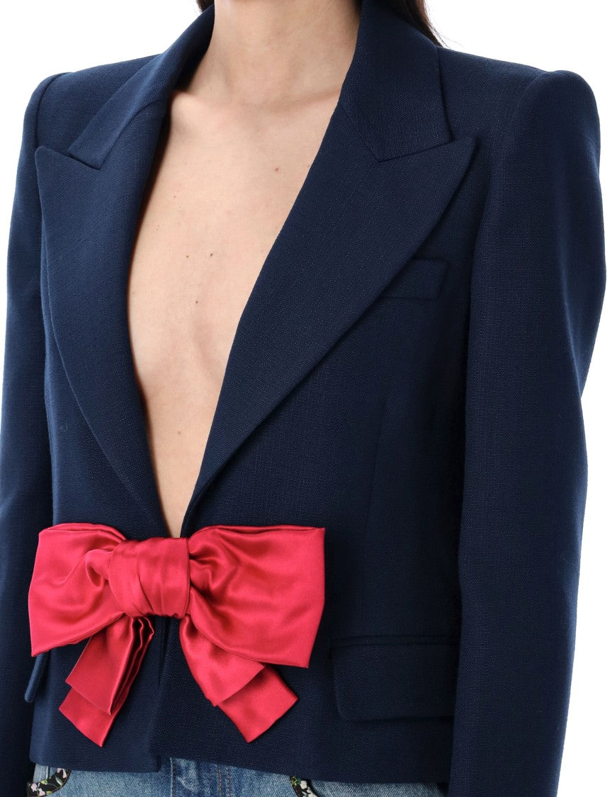 Valentino Garavani Cropped Blue Bow Jacket With Structured Shoulders