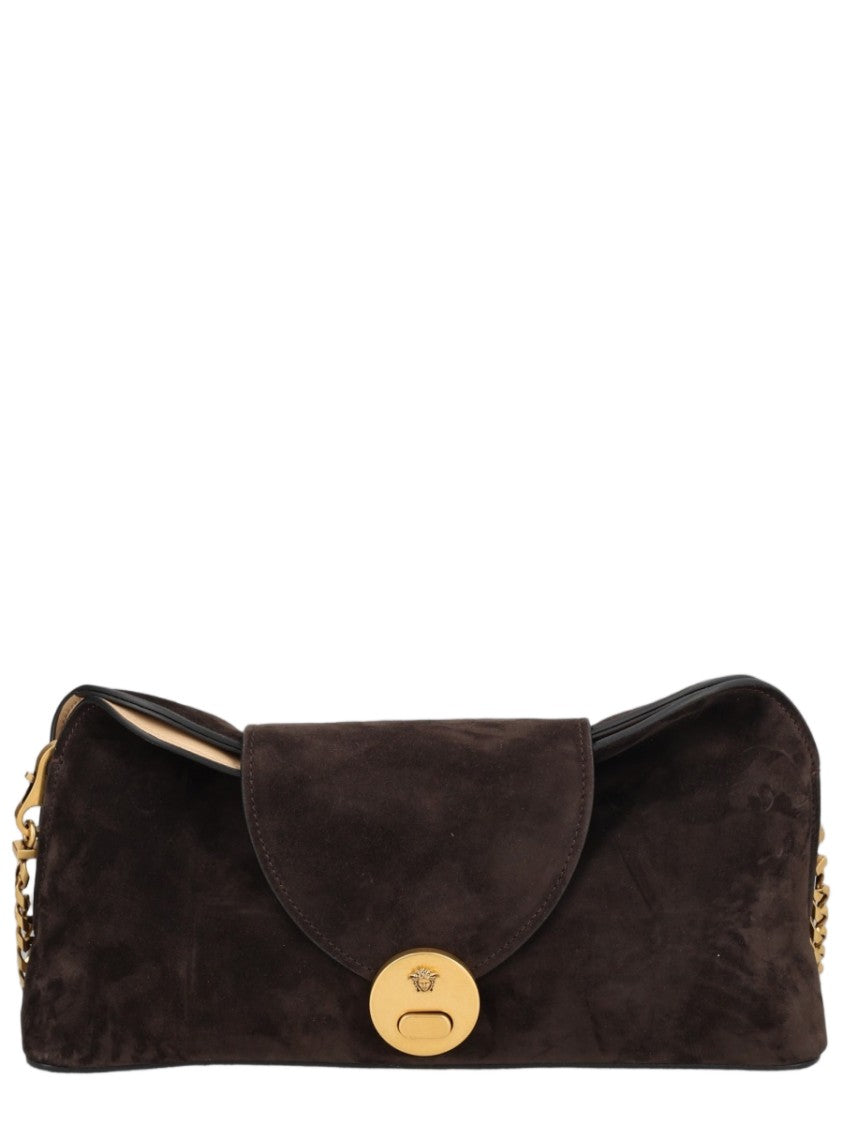 Versace Black Gold Chain Suede Leather Clutch
