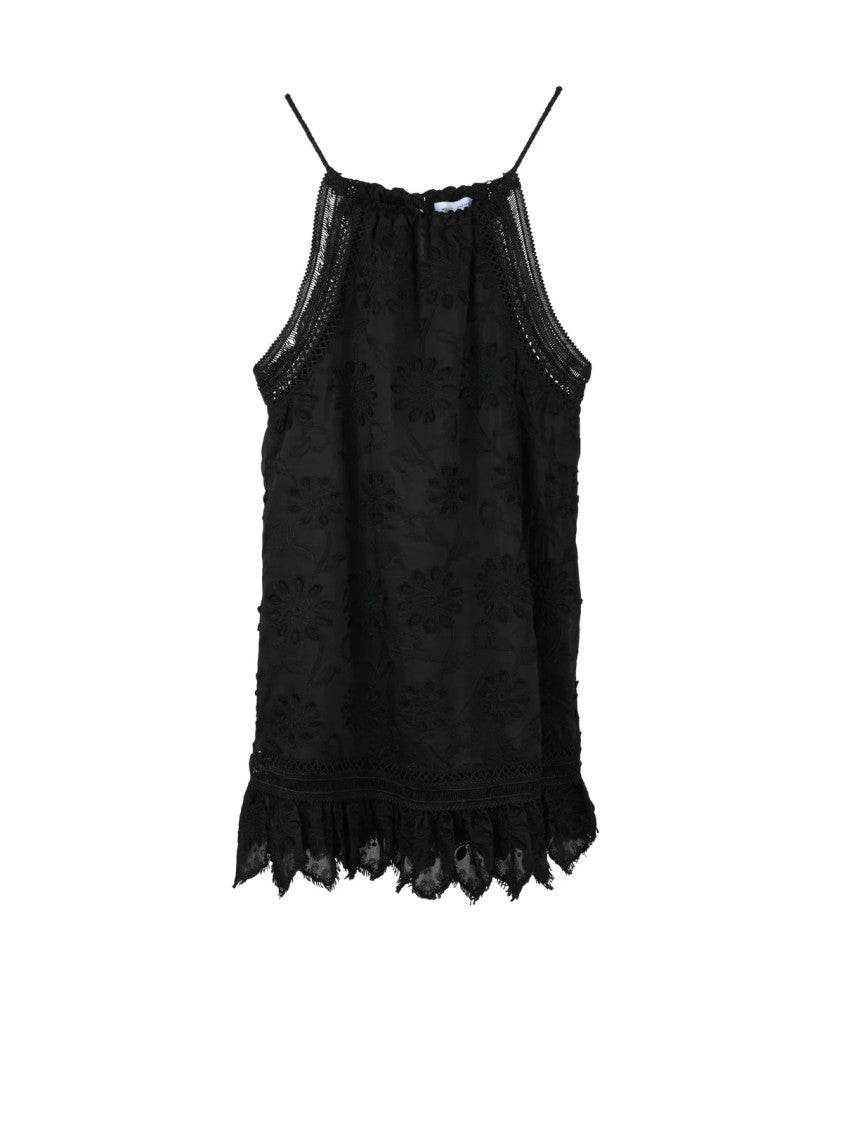 Weili Zheng Black A-Line Floral Embroidered Mini Dress