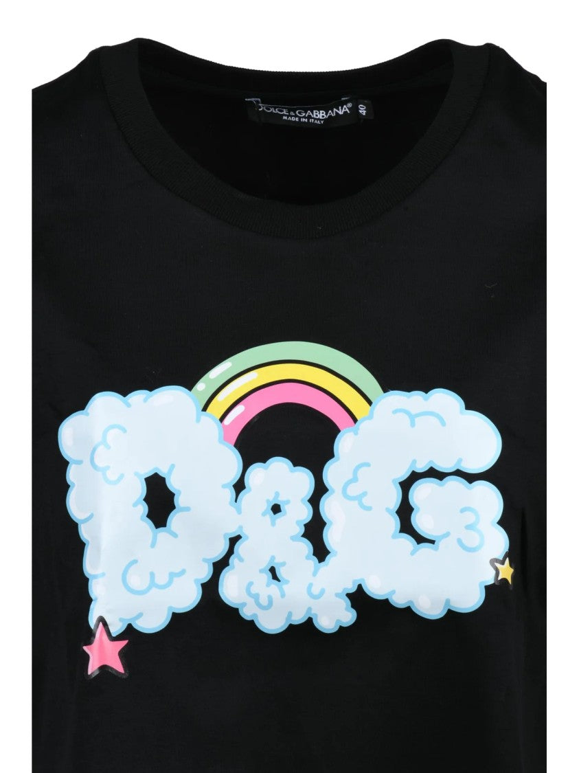 Dolce & Gabbana Black Playful D&G Logo Rainbow Cropped Cotton T-Shirt