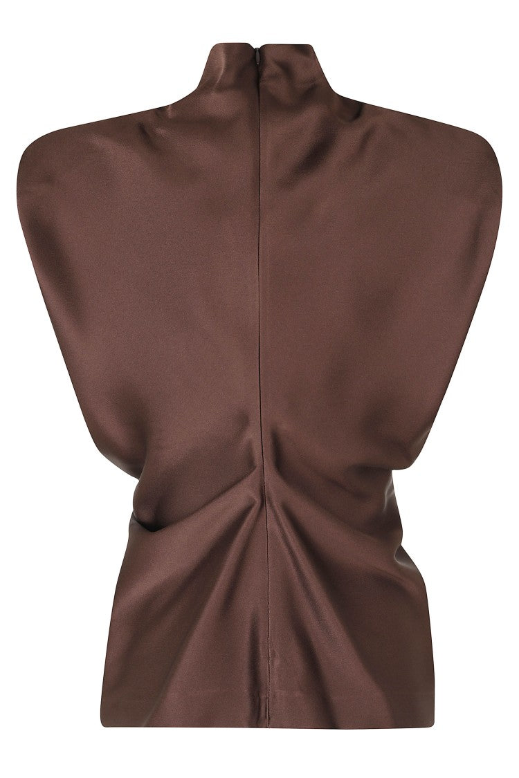 Federica Tosi Dark Brown Padded Straps Pleated Front Acetate-Blend Blouse