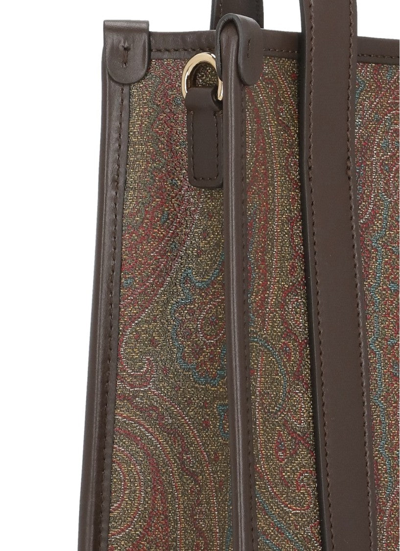 Etro Brown Paisley Print Leather-Trim Top-Handle Bag