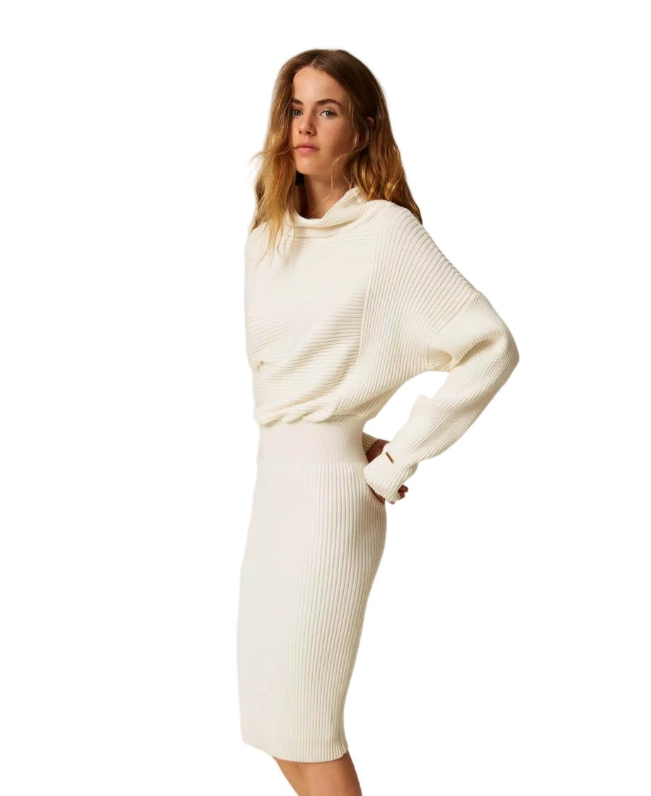 Twinset U&B Wool-Blend Ribbed Contrast Detail High-Neck Longuette Dress