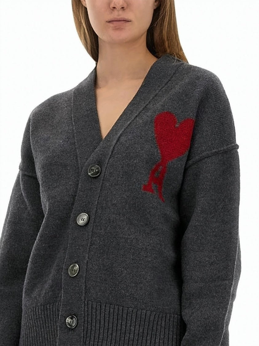 Ami Paris Grey Wool Cardigan With Deep V-Neckline