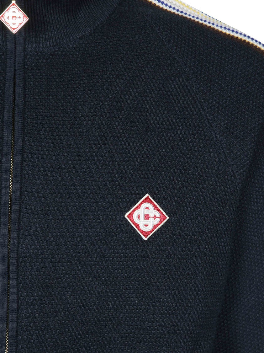 Casablanca Textured Knit Black Track Jacket With High Collar And Striped Detailing