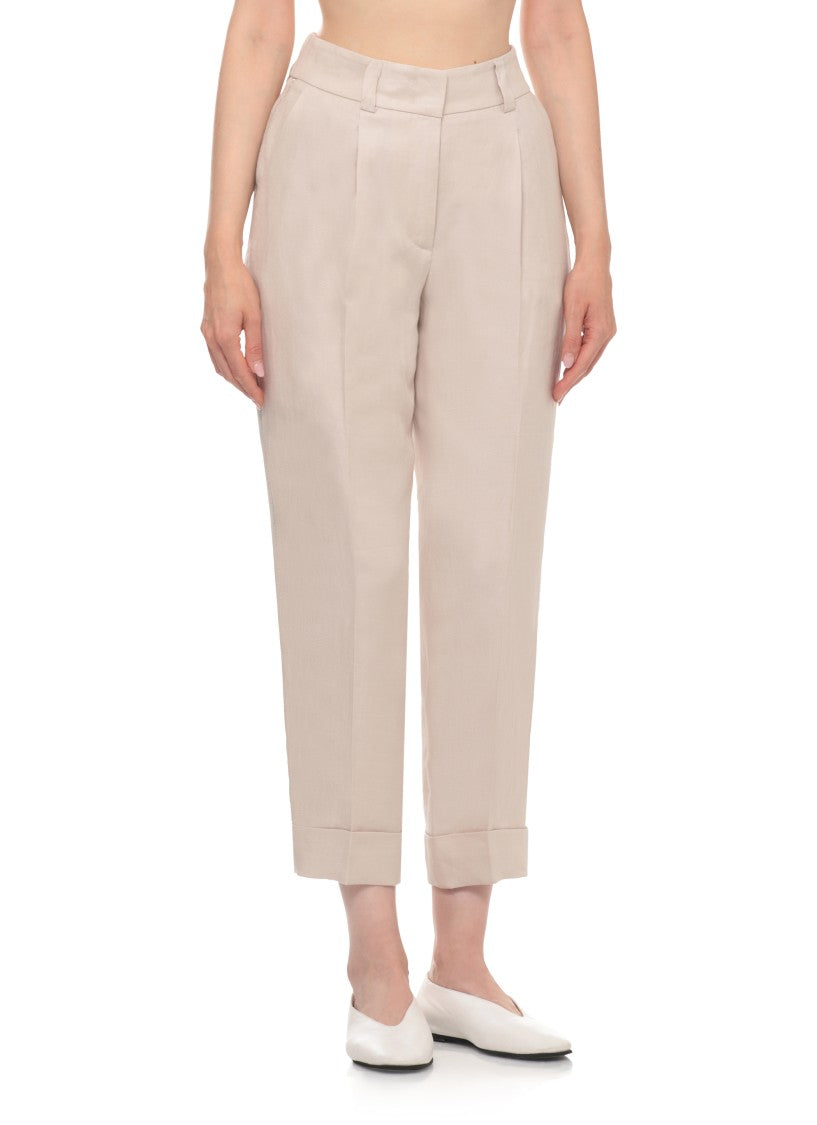 Peserico Cropped Tailored Linen Pants With Bright Light Details