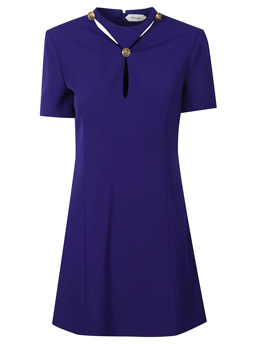 Versace Structured Mini Dress With Keyhole Cutout And Gold Accents