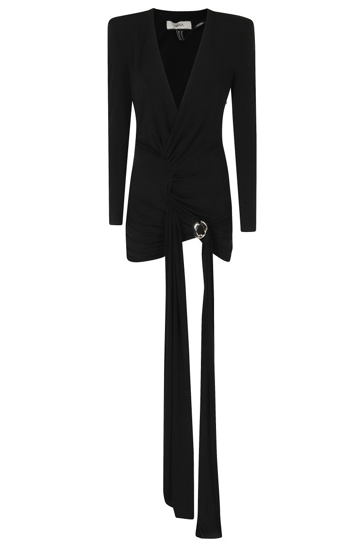Nissa Black Deep V-Neck Asymmetrical Polyester Long Evening Dress