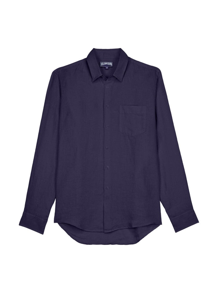 Vilebrequin Blue Linen Shirt With Pointed Collar