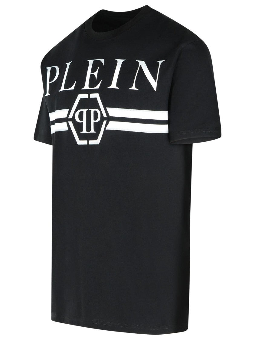 Philipp Plein Crew Neck Black T-Shirt With Bold Front Print And Logo Patch