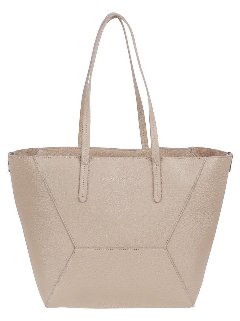 Brunello Cucinelli Textured Leather Tote Bag With Chain Detail And Logo Print