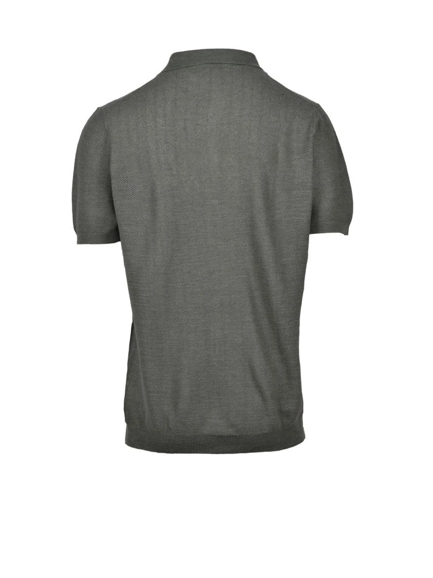 Planet Grid Olive Green Textured Knit Cotton-Linen Polo Shirt