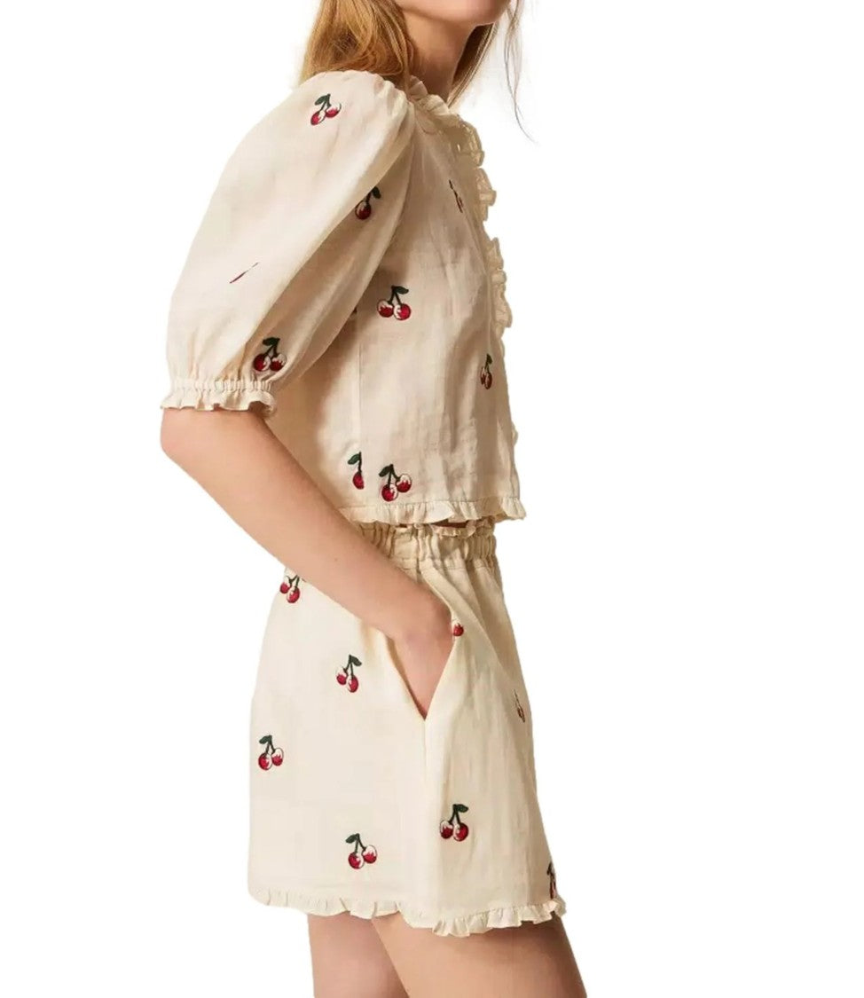 Twin-Set Cropped Blouse With Cherry Print And Ruffle Detailing