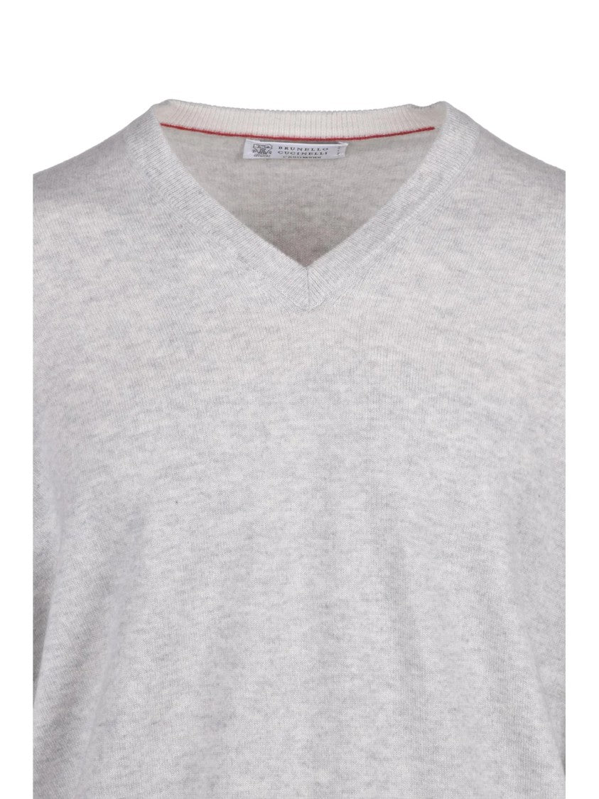 Brunello Cucinelli Light Grey Cashmere V-Neck Sweater With Ribbed Detail