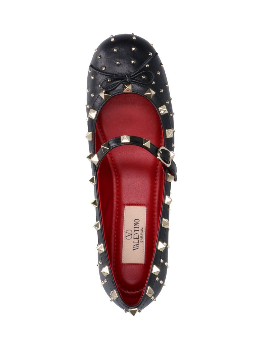 Valentino Garavani Rockstud Rounded Toe Adjustable Strap Leather Ballet Flats