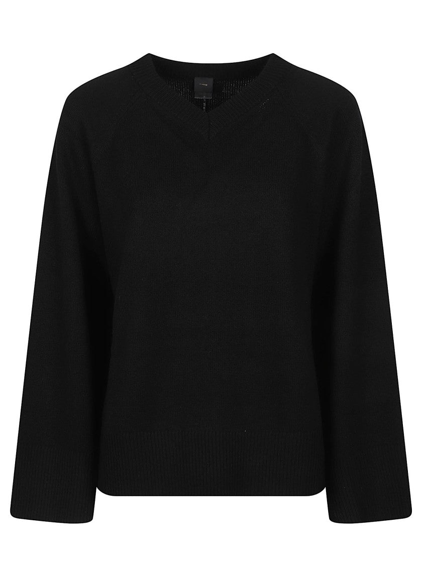 Pinko Valencia Cropped Black Vertical Seam V-Neck Sweater