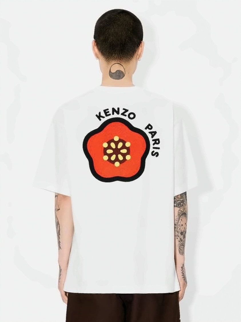 Kenzo Relaxed Fit White Cotton T-Shirt With Flower Embroidery