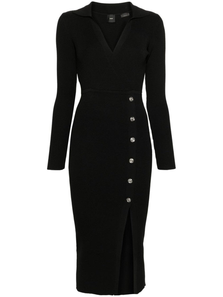 Pinko Fine-Ribbed Black Midi Dress With Deep V-Neckline