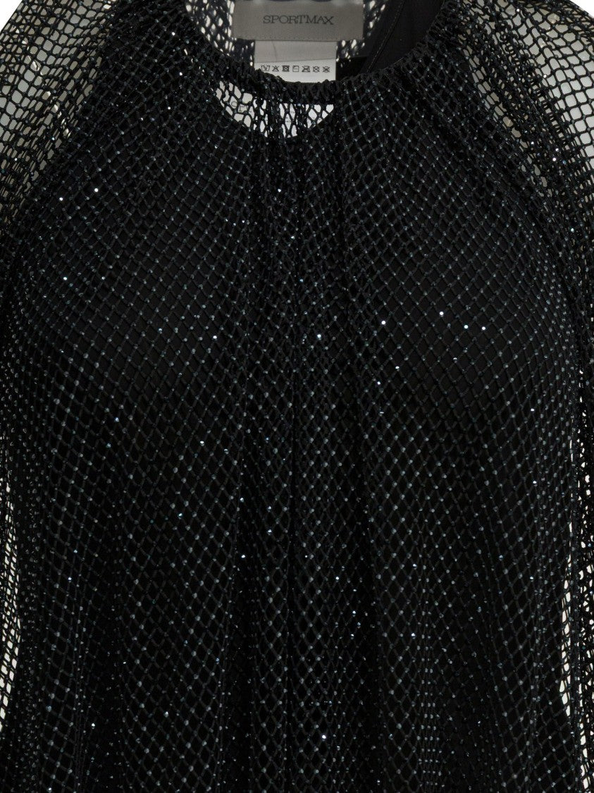 Max Mara Textured Black Long-Sleeved Top With Sheer Mesh Overlay