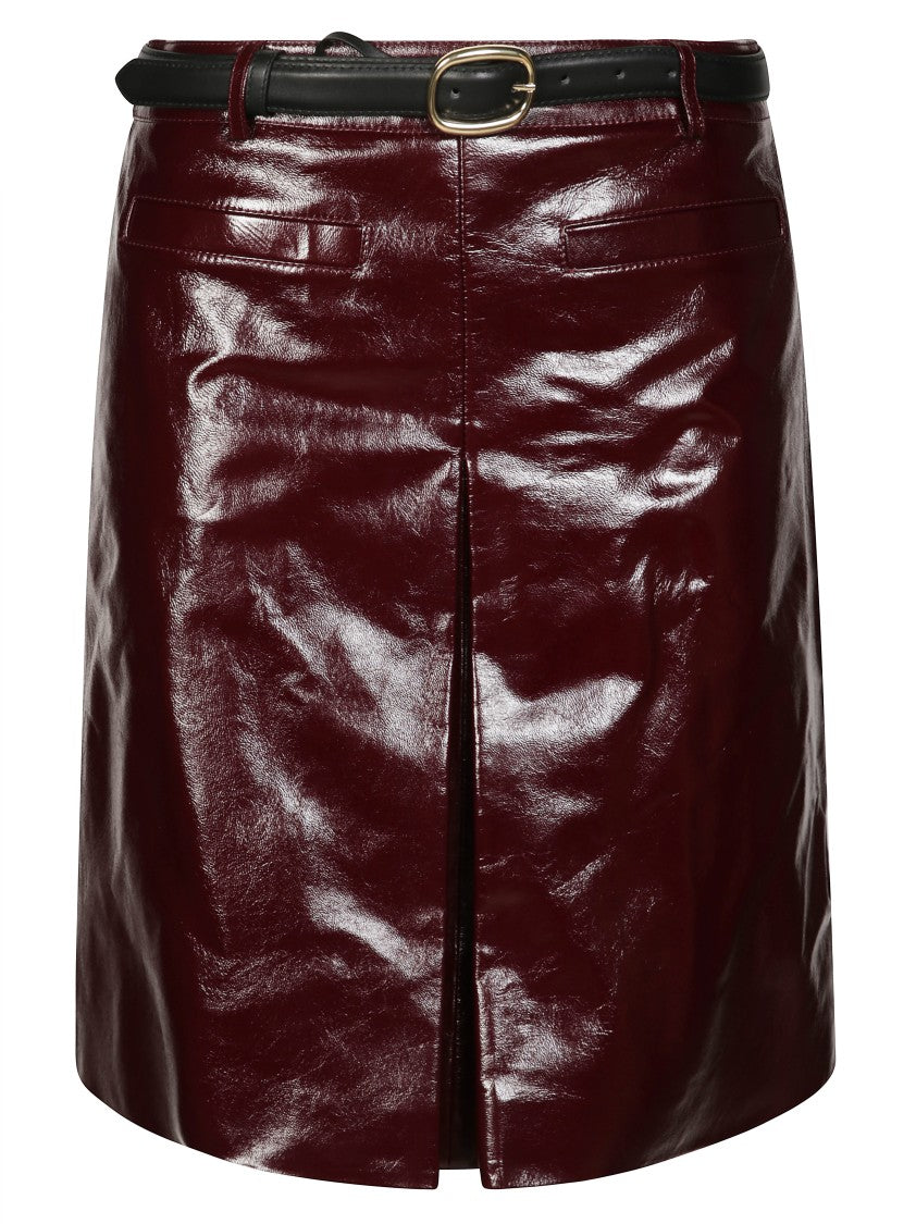 Self-Portrait Glossy Burgundy A-Line Leather Mini Skirt