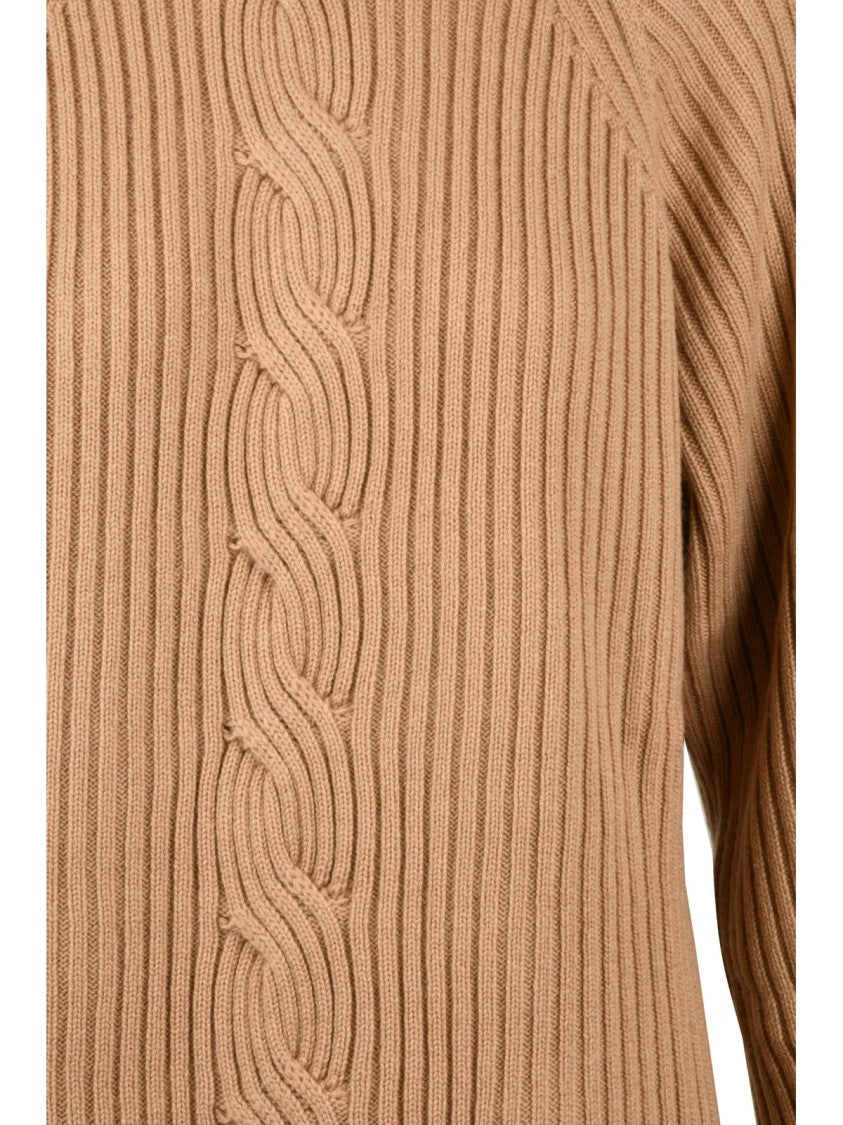 Max Mara Ribbed Knit Wool-Cashmere Turtleneck Sweater With Cable Back Design