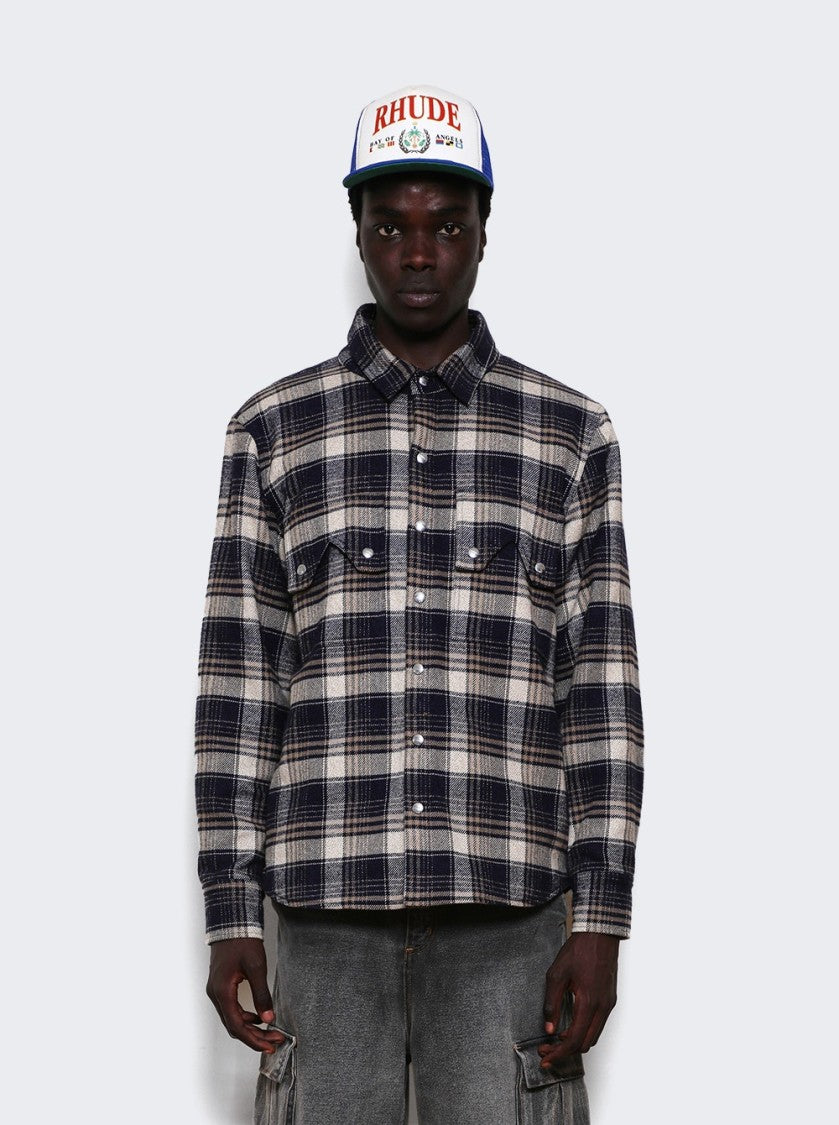 Rhude Flannel Long Sleeves Overshirt Dark Navy And Beige
