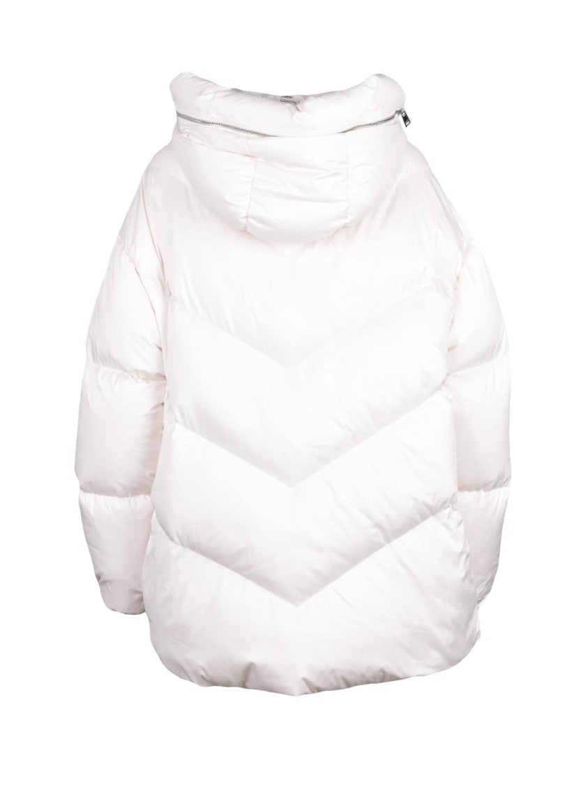 Add Asymmetric White Down Jacket With High Collar And Chevron Stitching
