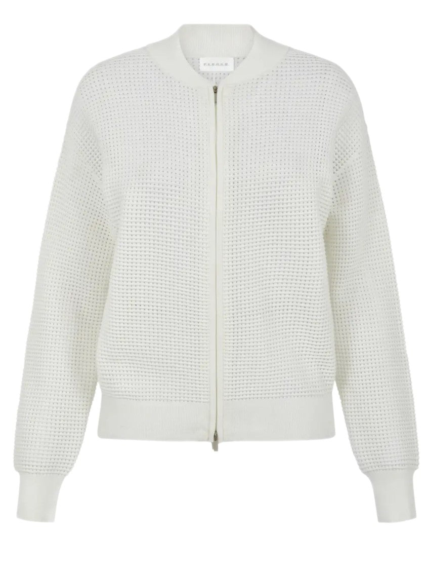 Parosh Open Knit White Bomber Jacket With Ribbed Accents