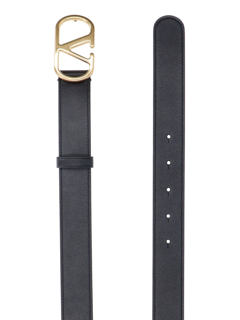 Valentino Garavani Black Vlogo Signature Gold Buckle Leather Belt