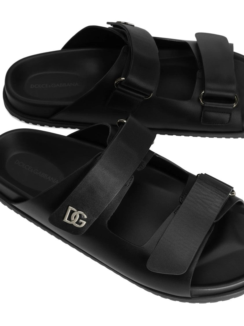 Dolce & Gabbana Black Sandalo Calf Leather Dual-Strap Sandals
