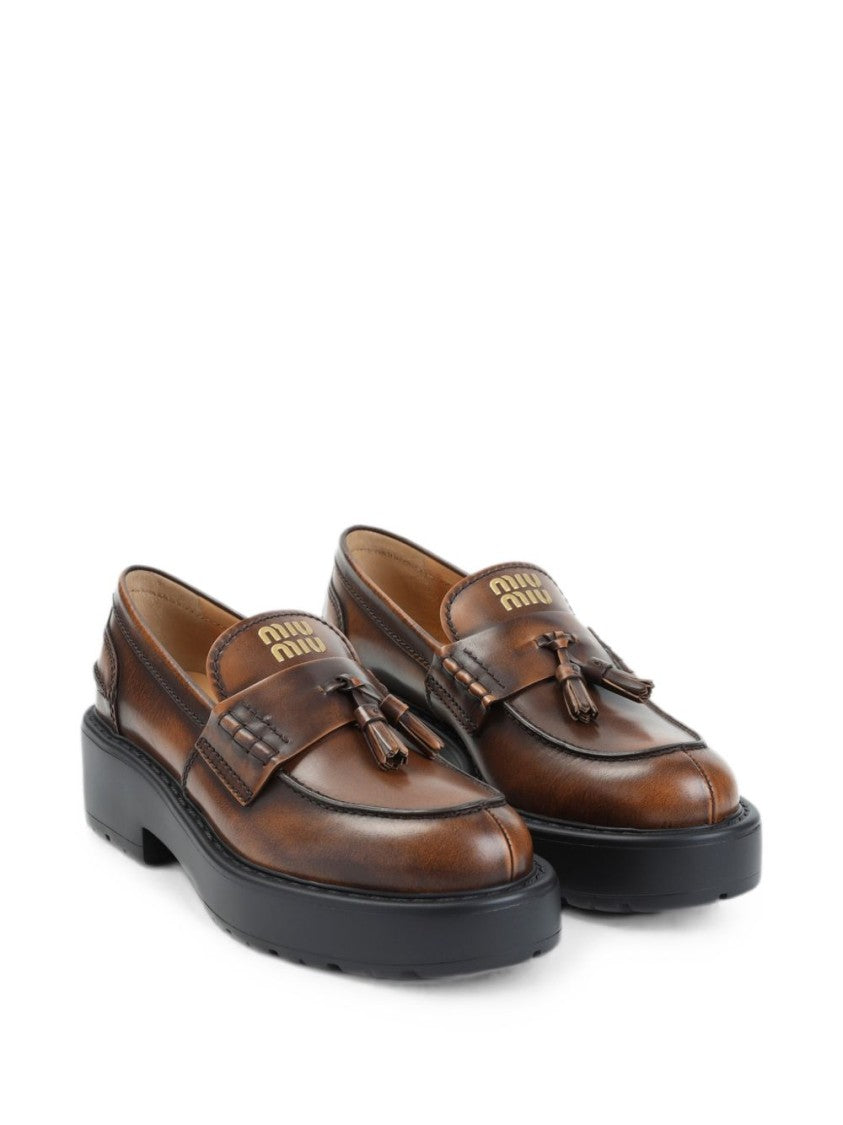 Miu Miu Black Polished Leather Tassel Loafers