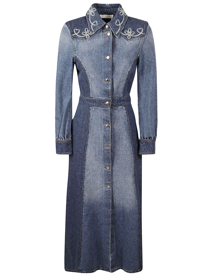Chloé Denim Dress With Embroidery And Fitted Silhouette