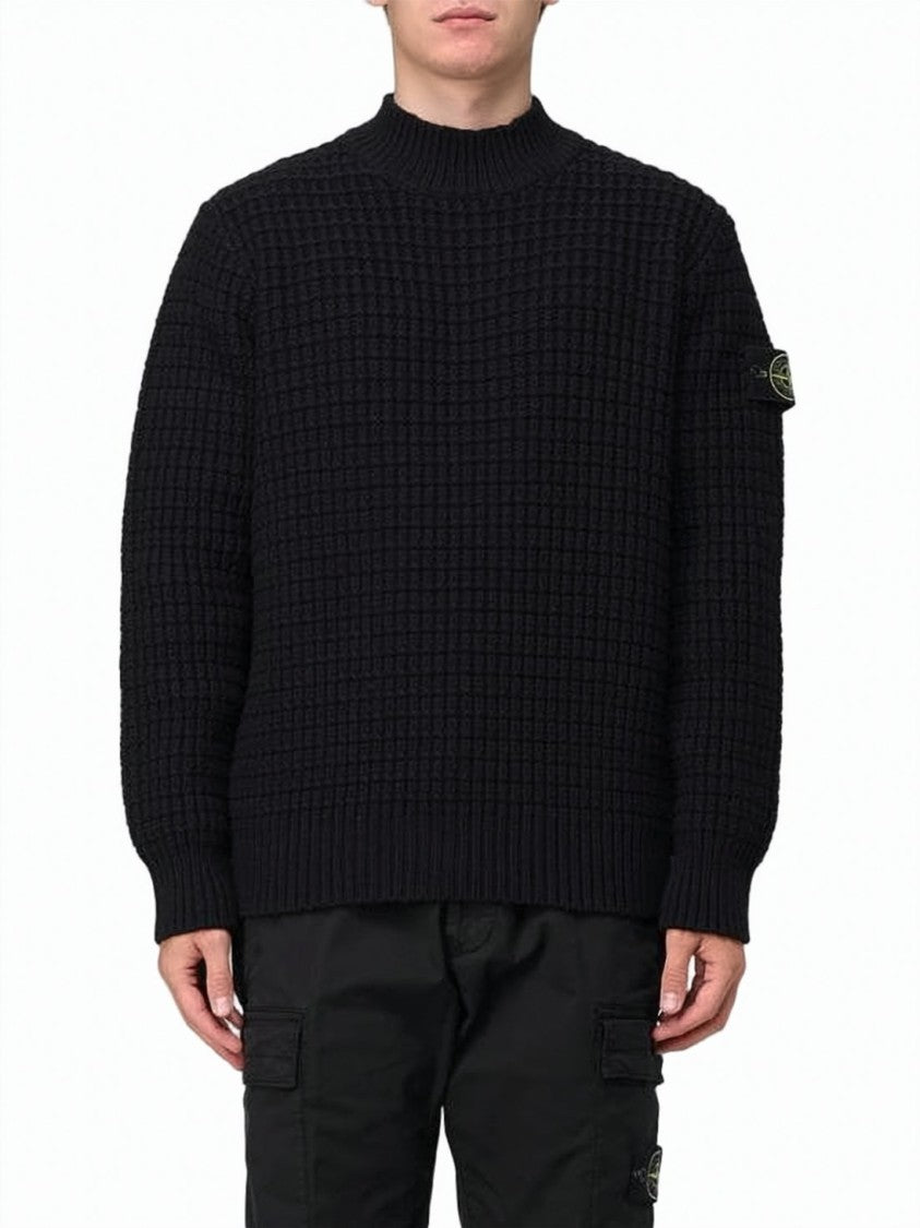 Stone Island Textured Knit Black Sweater With Ribbed Details