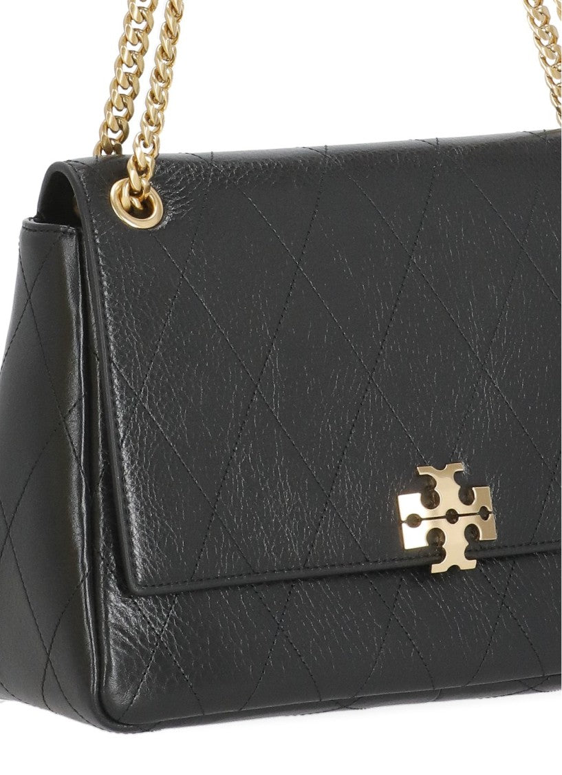 Tory Burch Black Quilted Leather Gold Logo Shoulder Bag