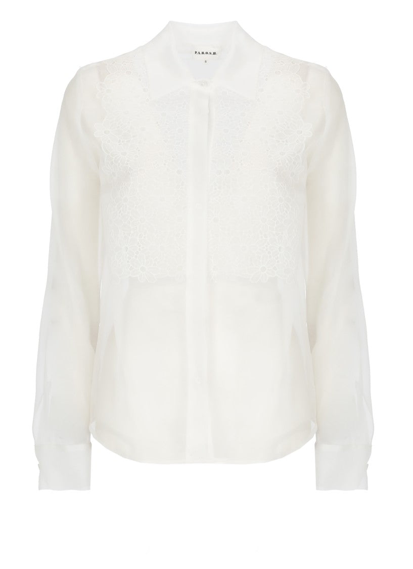 Parosh White Shake Floral Lace Silk Shirt