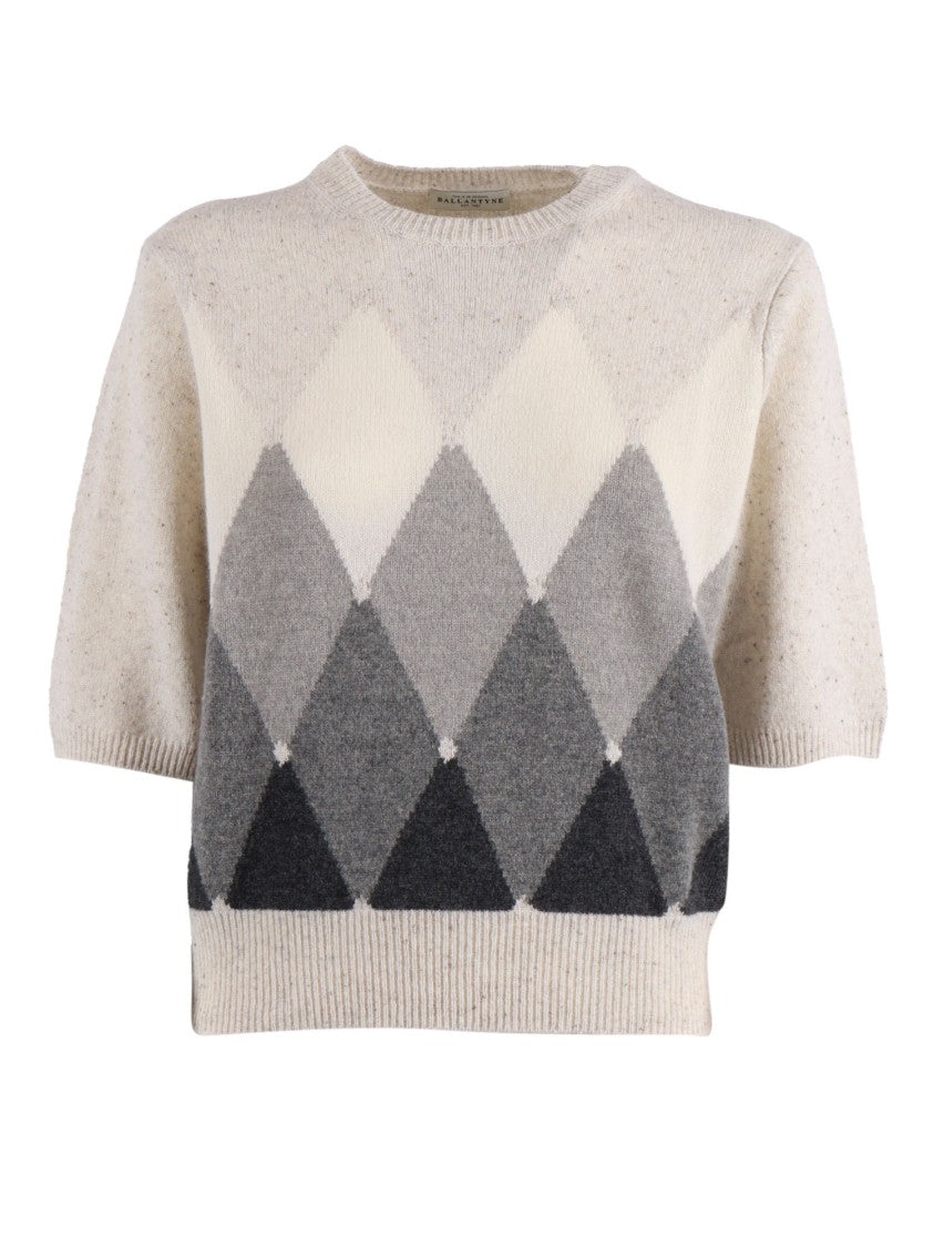 Ballantyne Argyle Knit Top With Ribbed Crew Neckline And Fitted Finish